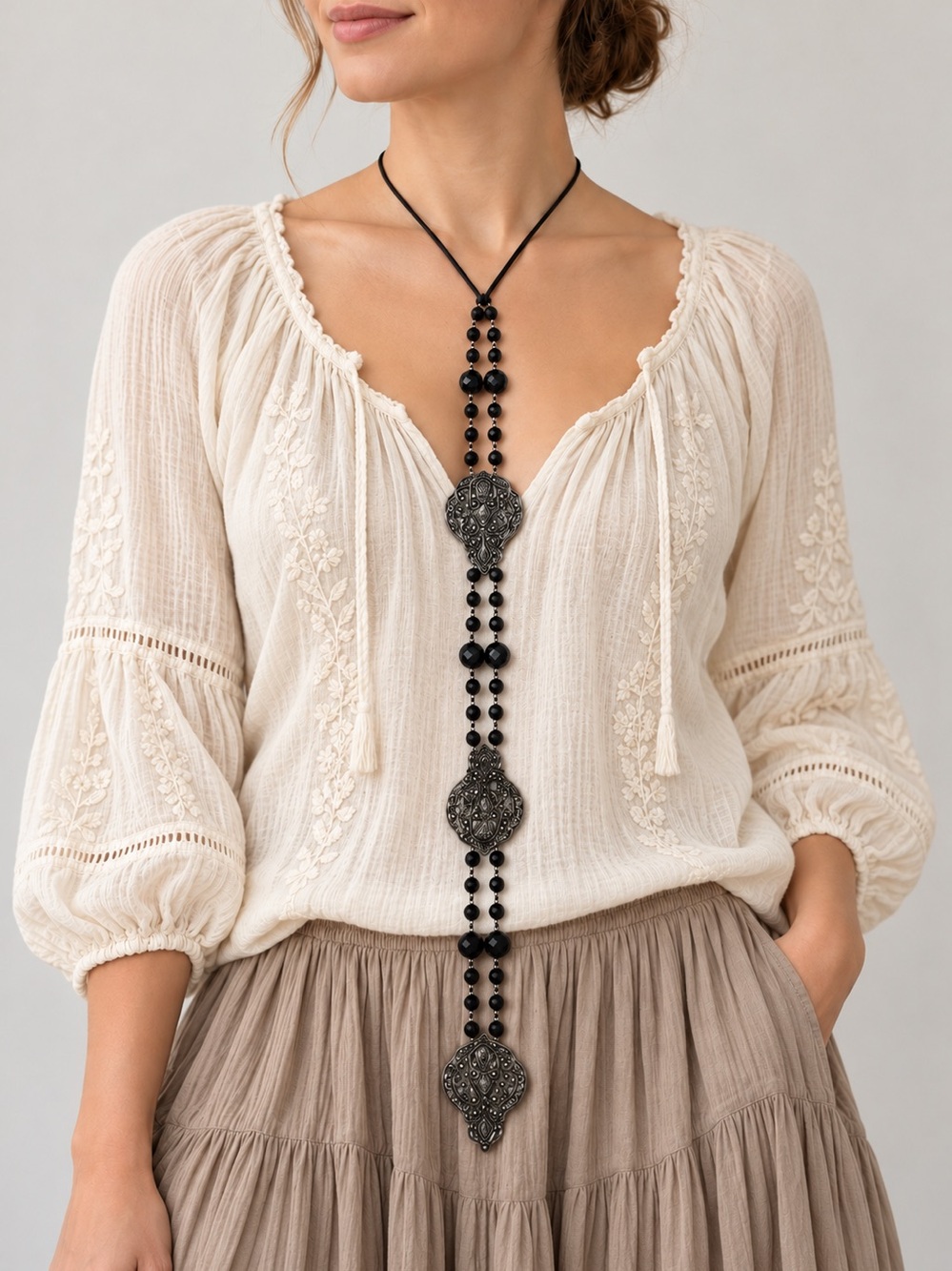 Bohemian Long Black Beaded Silver Tone Medallion Adjustable Tie Necklace